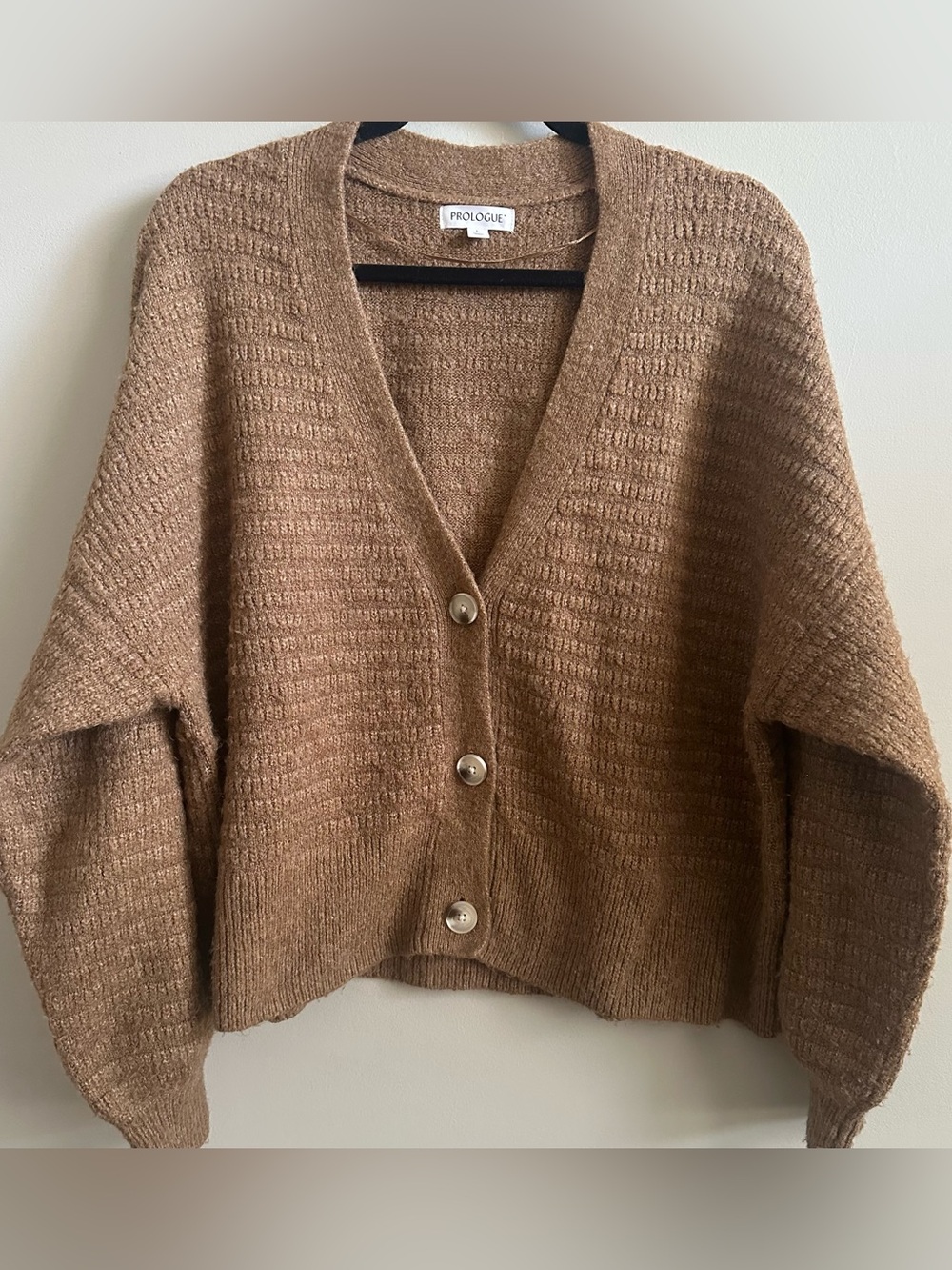 Prologue knit cropped cardigan, cozy slouchy fit in a beautiful camel color